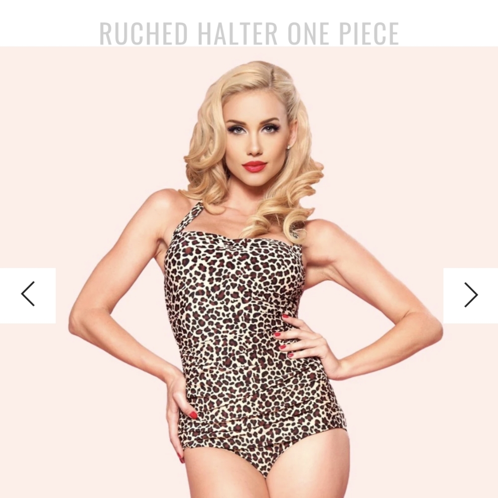 VINTAGE ESTHER WILLIAMS LEOPARD PRINT RUCHED HALTER ONE PIECE PIN UP  SZ 16 W